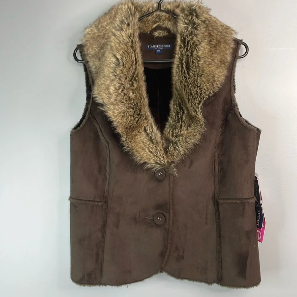 FLAIR SPORT NWT Fun Fur Shawl Collar Vest Brown Faux Suede Button Front MP - Picture 11 of 11